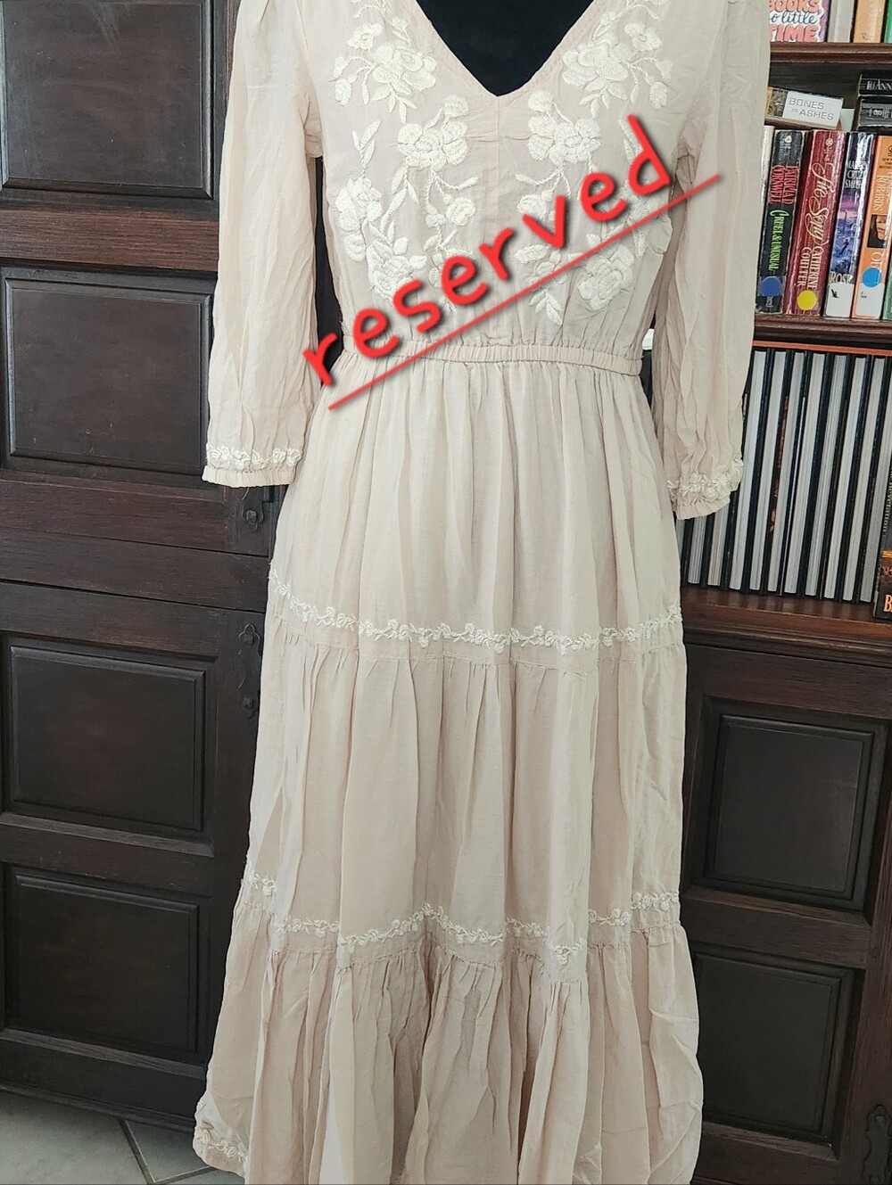 Lucky Brand Cream Floral Embroidered V-Neck Maxi Dress